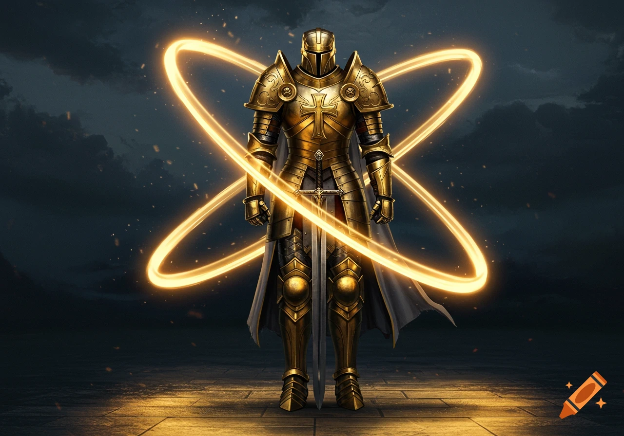 A golden armored knight stands heroically with a large sword, surrounded by glowing golden rings, against a dark, stormy sky.