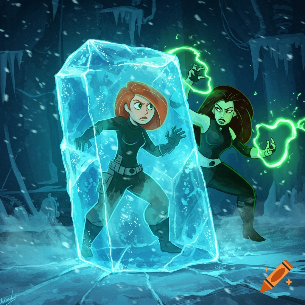 Kim Possible frozen in a large ice block as Shego attacks with green energy in a dark, icy cave.