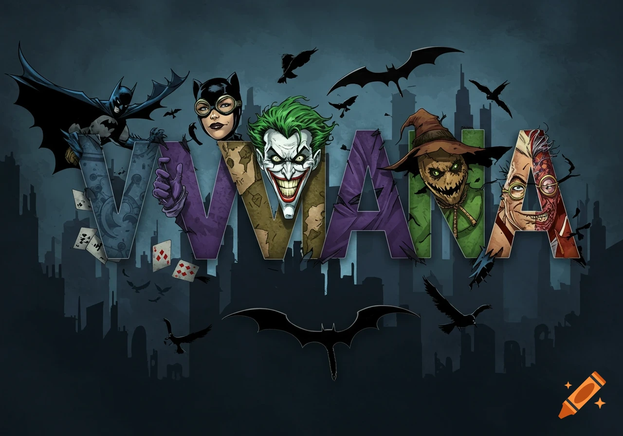 Stylized text art spelling 'VIVIANA' featuring Batman, Catwoman, Joker, Scarecrow, and Two-Face, against a dark Gotham cityscape.