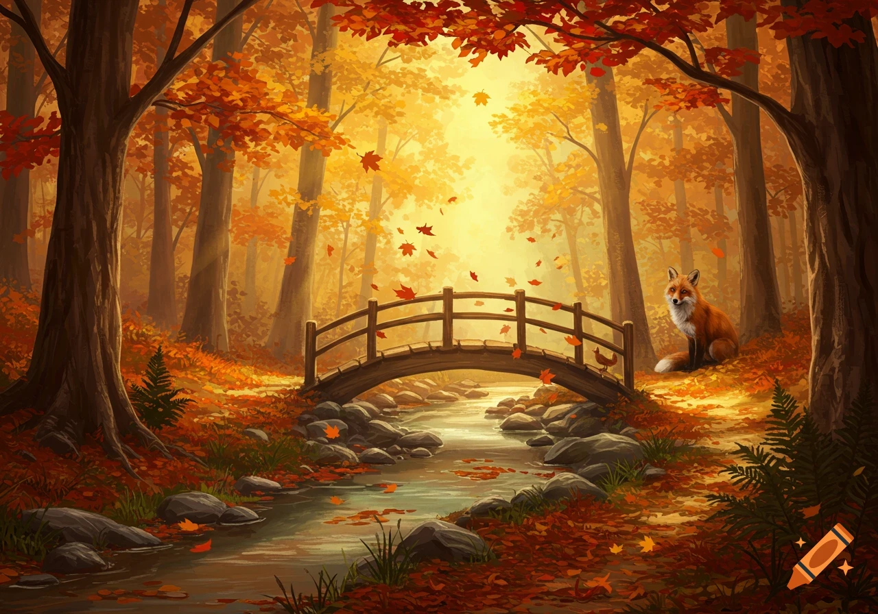 A vibrant, painterly autumn forest scene with a wooden bridge over a stream and a red fox sitting among fallen leaves.