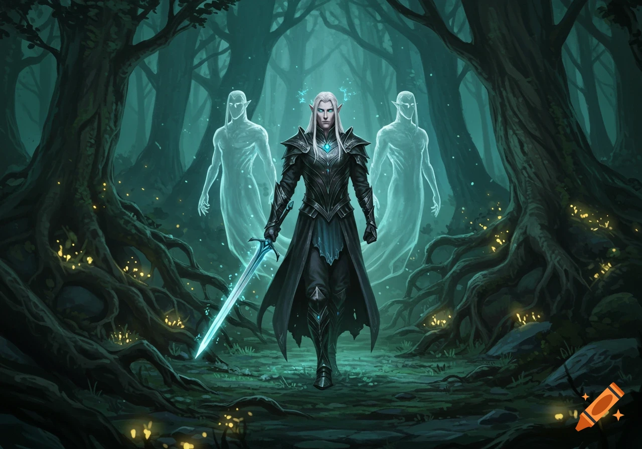 An elven knight with white hair and dark armor holds a glowing sword, standing in a dark, glowing forest with two spectral figures behind him.