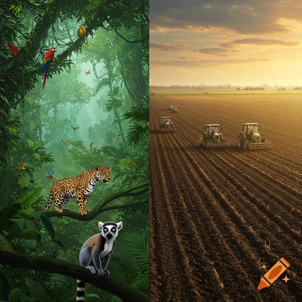 Dense rainforest with jaguar and lemur on one side, tractors plowing fields under a golden sky on the other.