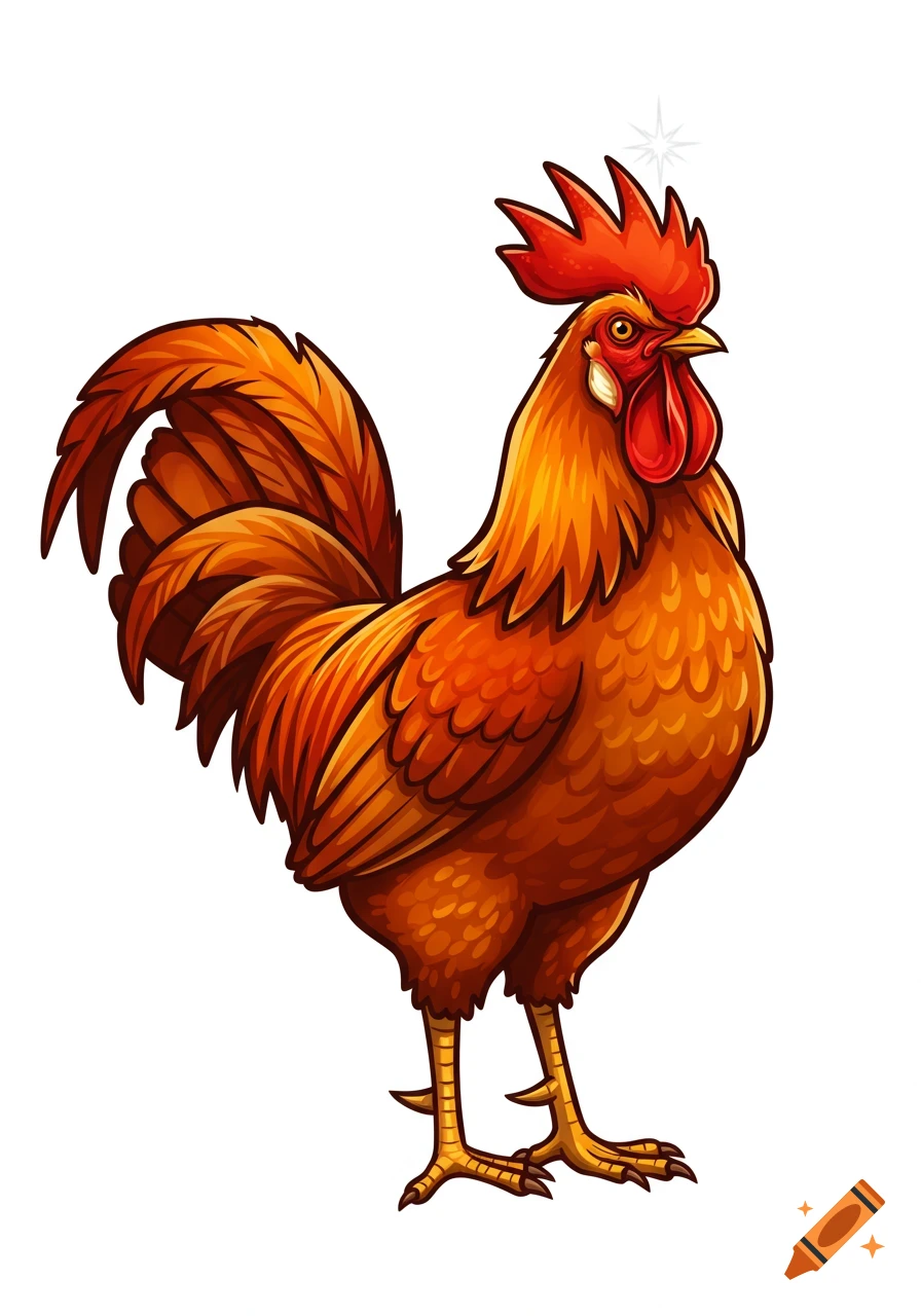 A vibrant orange and red cartoon rooster stands looking right on a white background, with a small star above its head.