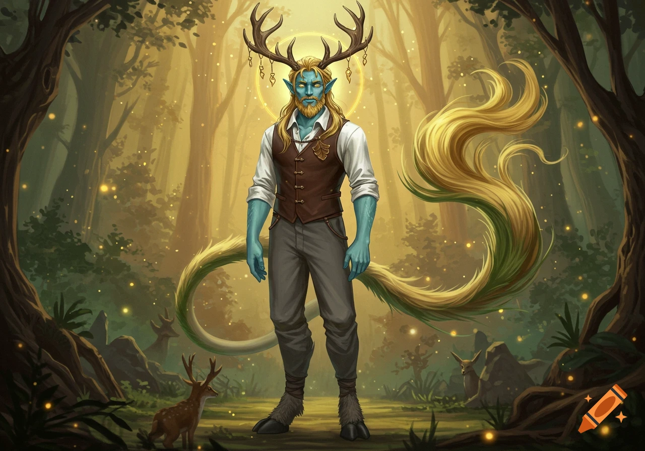 A blue-skinned, golden-haired male humanoid with antlers and hooves stands in an enchanted forest with golden light.