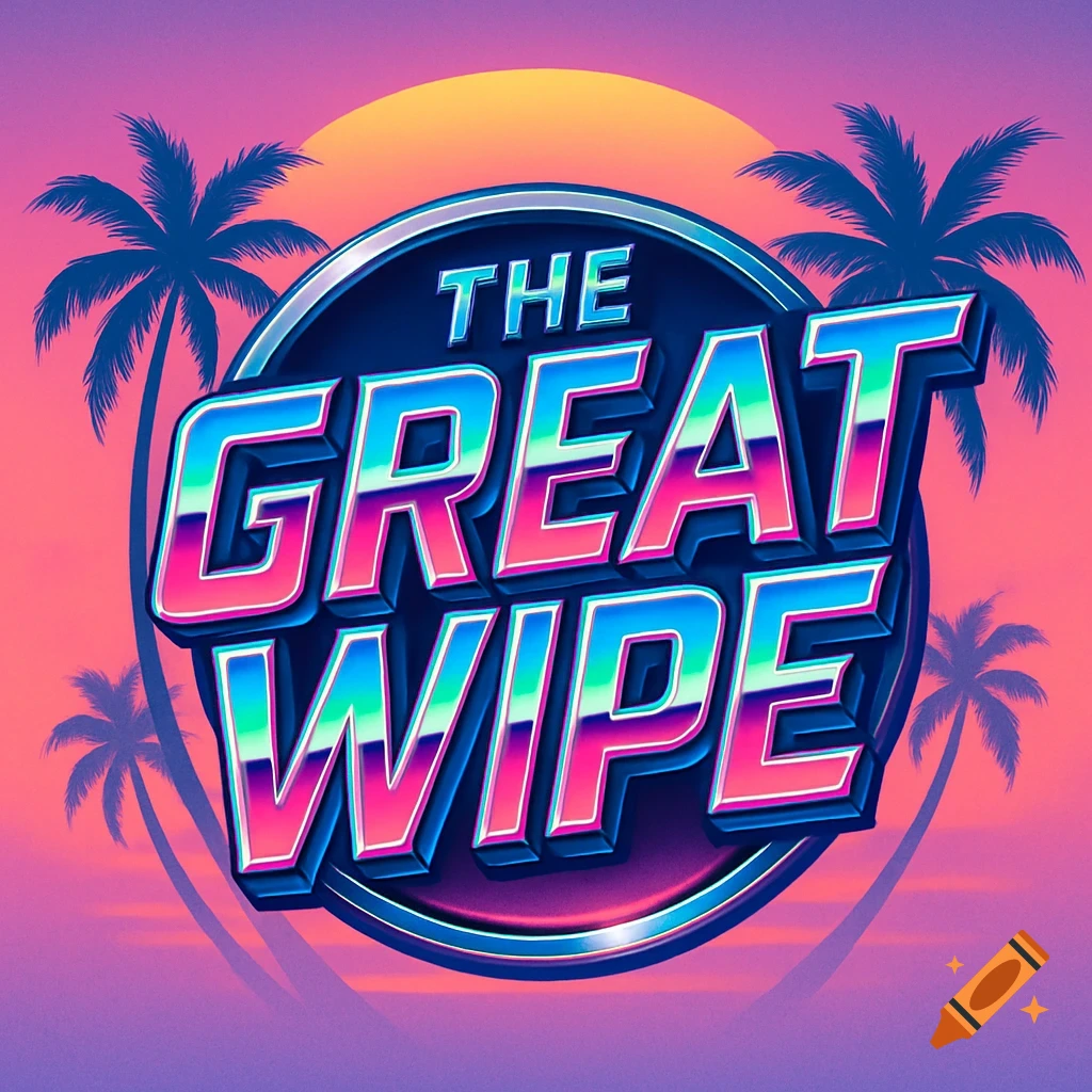 A Miami Vice-themed logo with 'THE GREAT WIPE' text in chrome and neon colors, set against a sunset and palm trees.