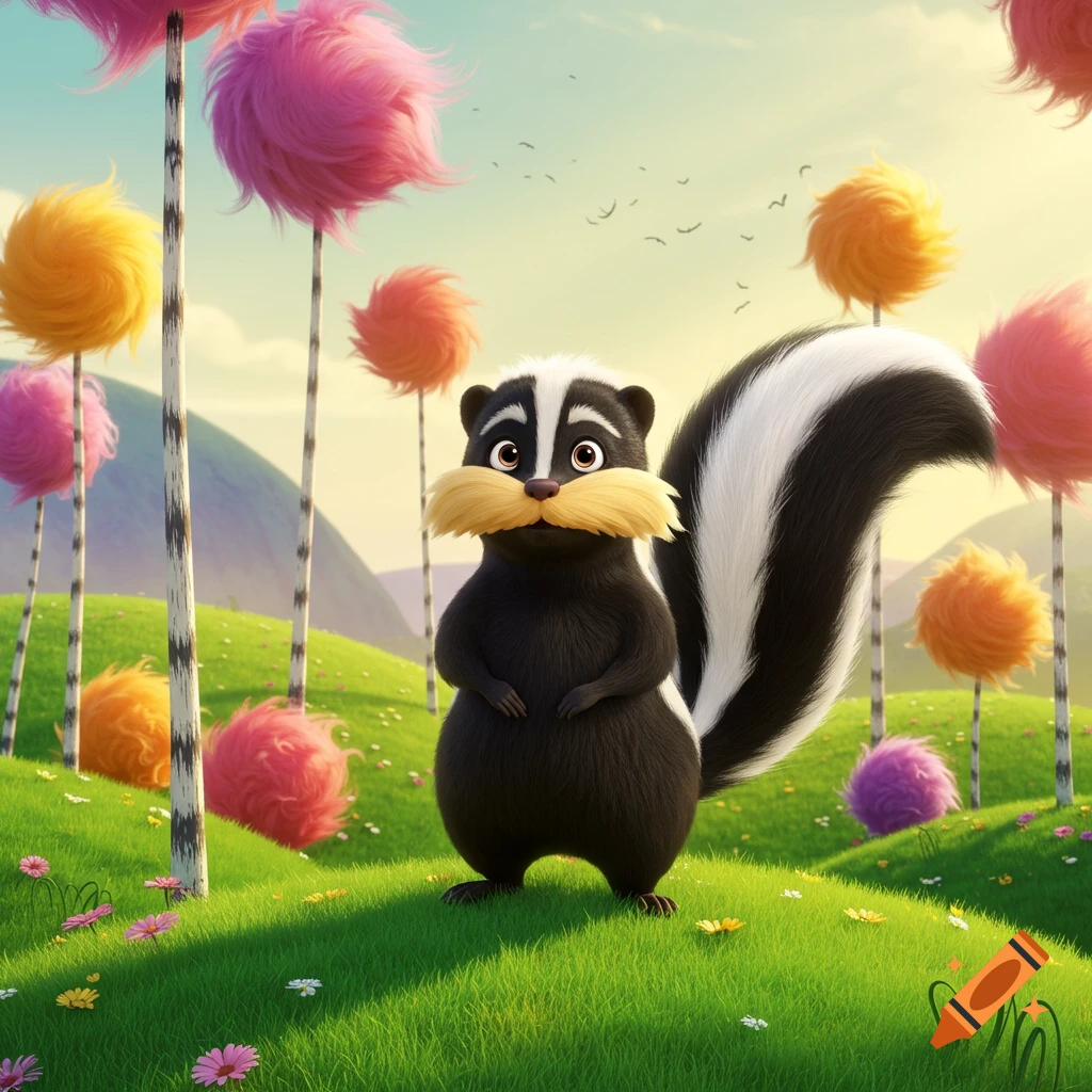 A cartoon skunk with a large yellow mustache stands in a vibrant green field surrounded by colorful, fluffy trees.
