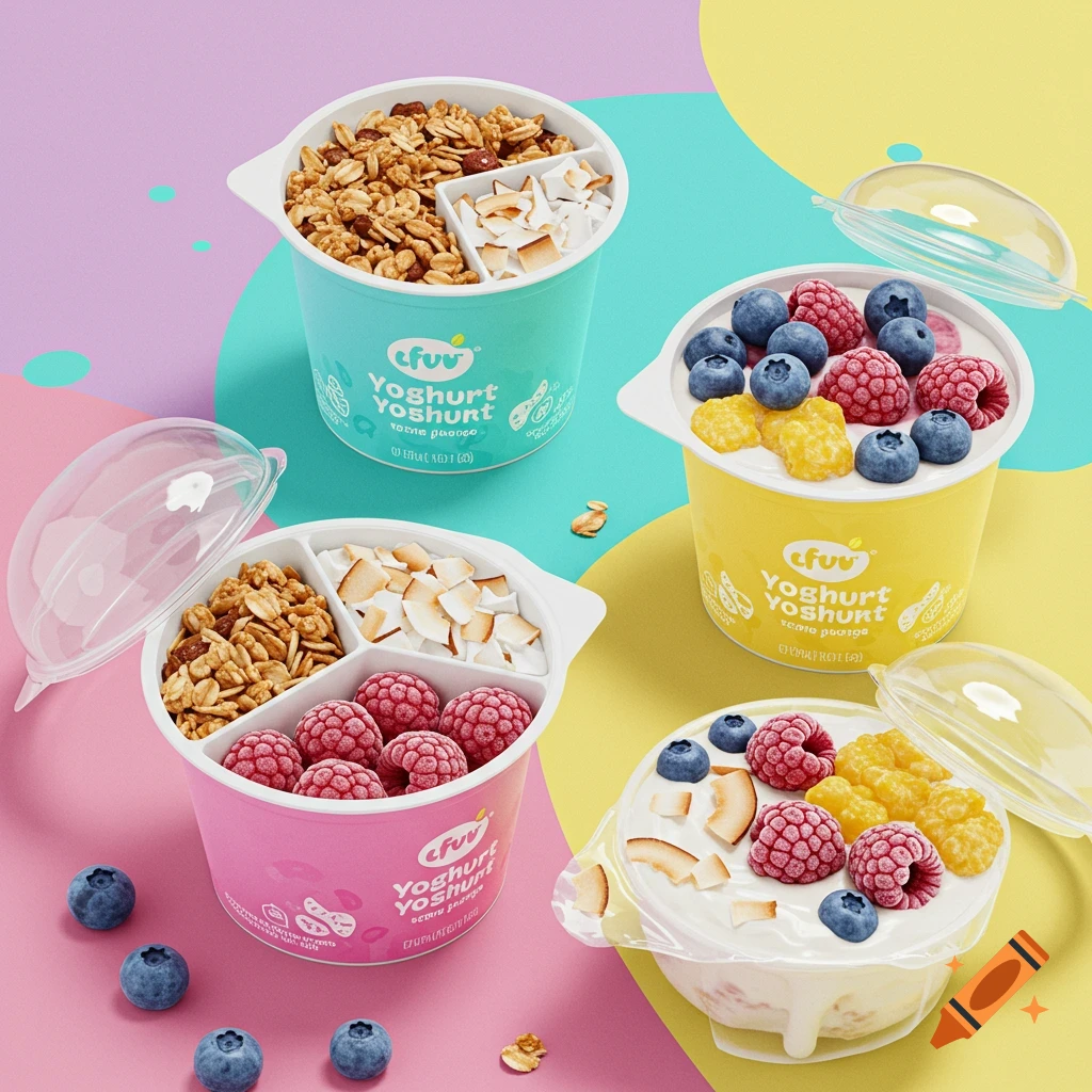 Colorful yogurt cups with granola, coconut flakes, blueberries, and raspberries on a vibrant pink, teal, and yellow background, product shot.