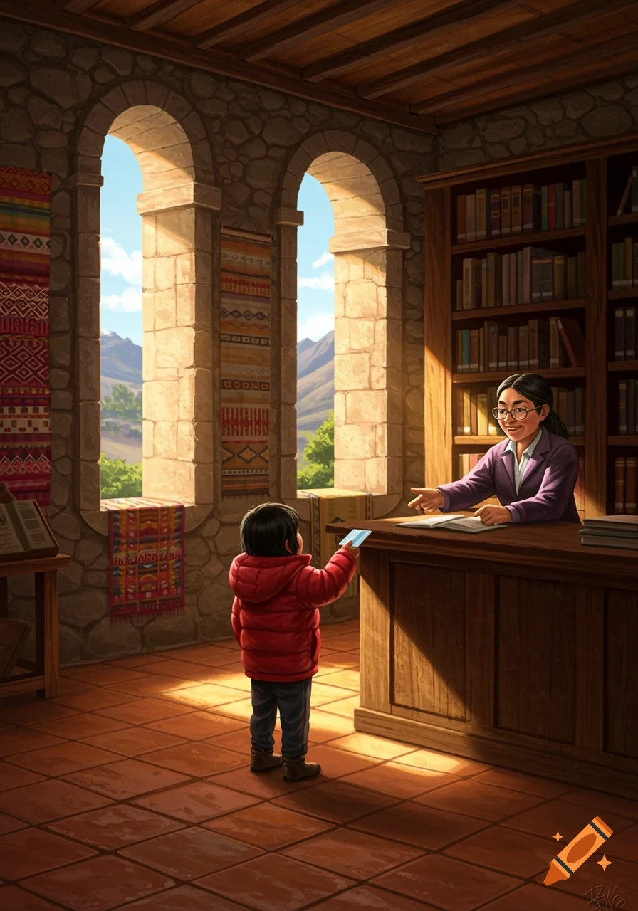 A child in a red parka gets a library card from a librarian in a sunny stone library with patterned rugs and mountain views.