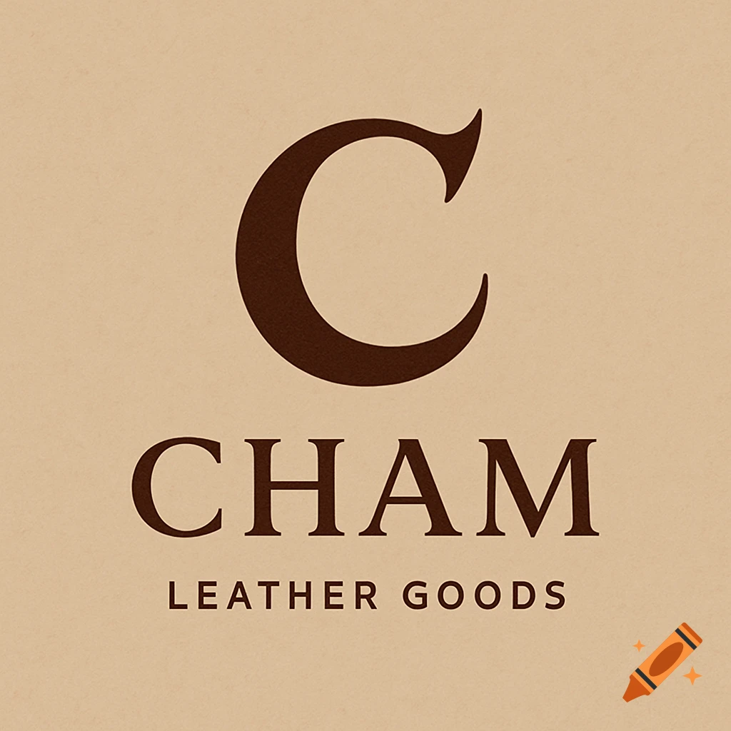 A minimalist logo for Cham Leather Goods with a stylized dark brown 'C', 'CHAM', and 'LEATHER GOODS' text on a beige background.