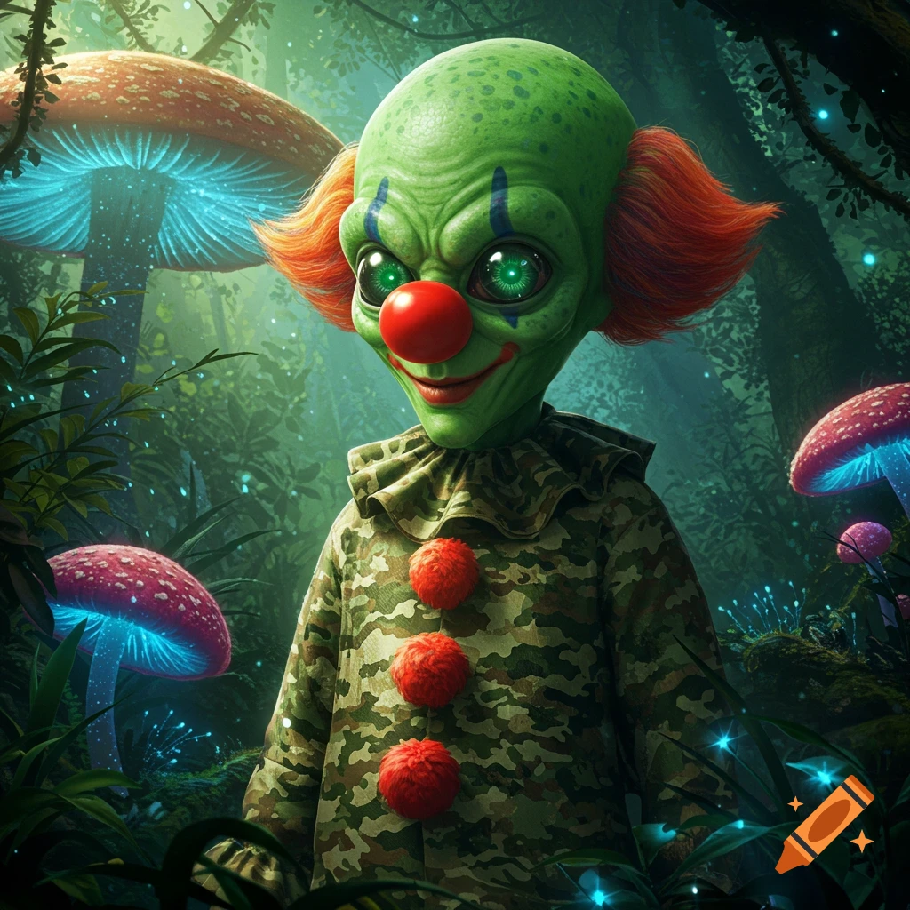 A green alien clown in a camouflage suit with red pom-poms stands in a bioluminescent forest with glowing mushrooms.