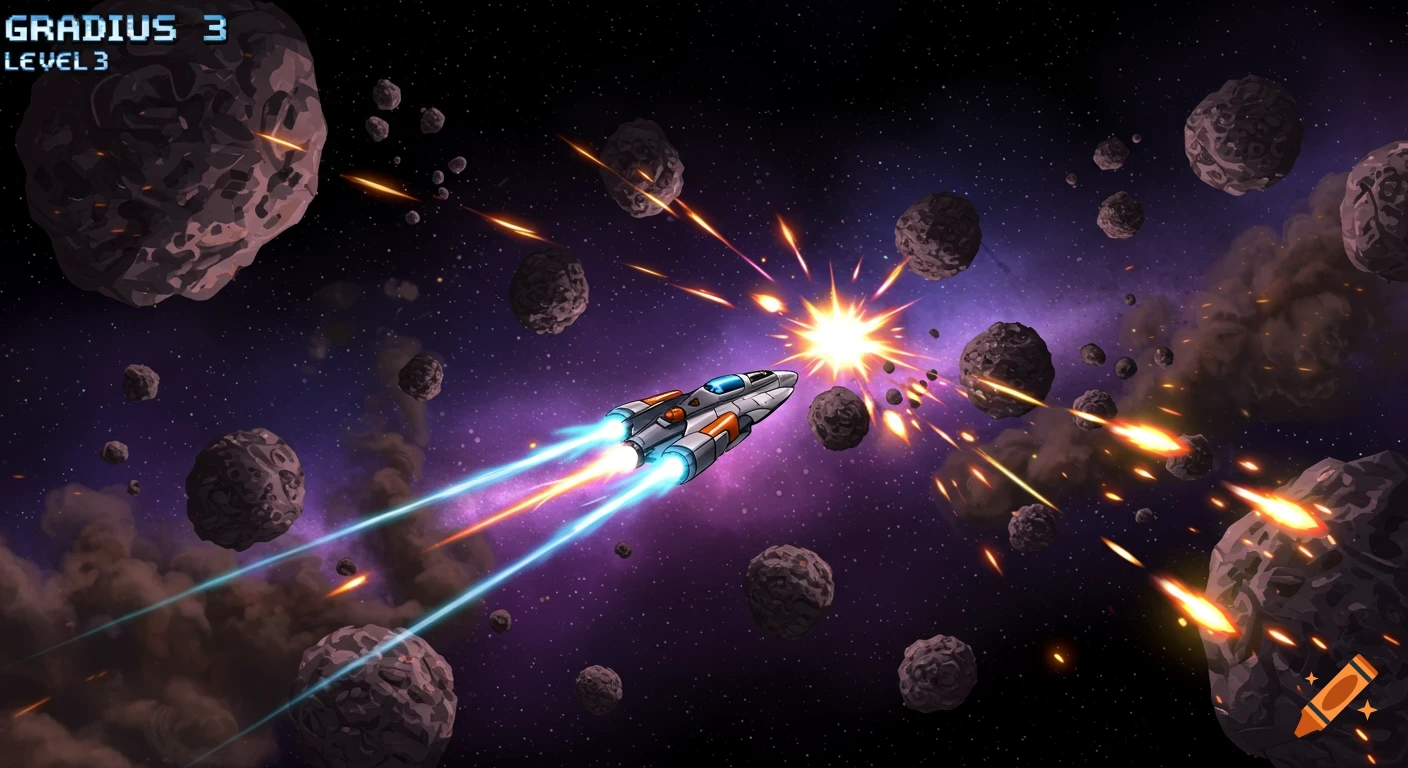 Cartoon-style spaceship with blue and orange thrusters flying through an asteroid field, firing lasers amidst explosions in deep space.