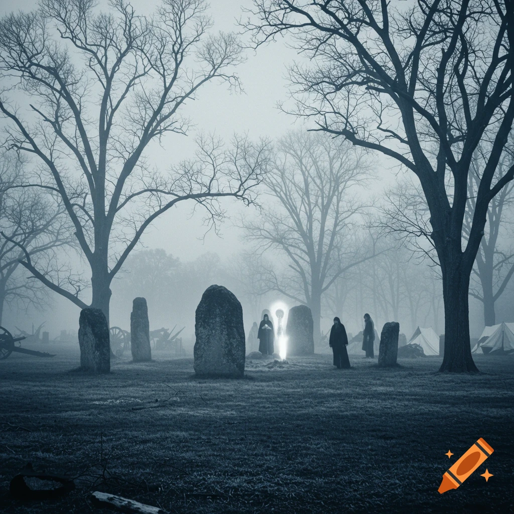 A foggy, cyanotype-style image of robed figures gathered around glowing light within a circle of standing stones, with bare trees and Civil War era cannons and tents in the background.