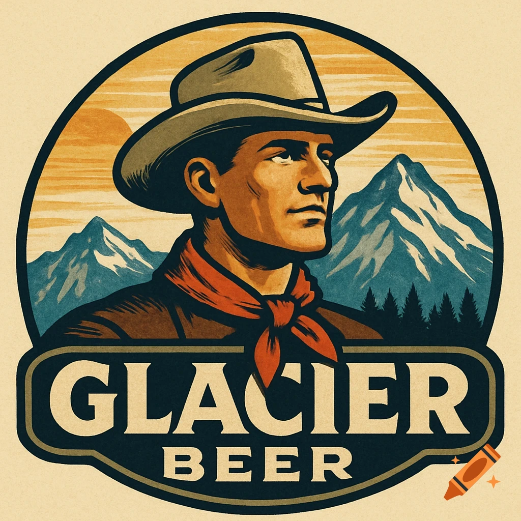 Retro logo for Glacier Beer, featuring a cowboy in a hat and red bandana with mountains and a sunset in the background.