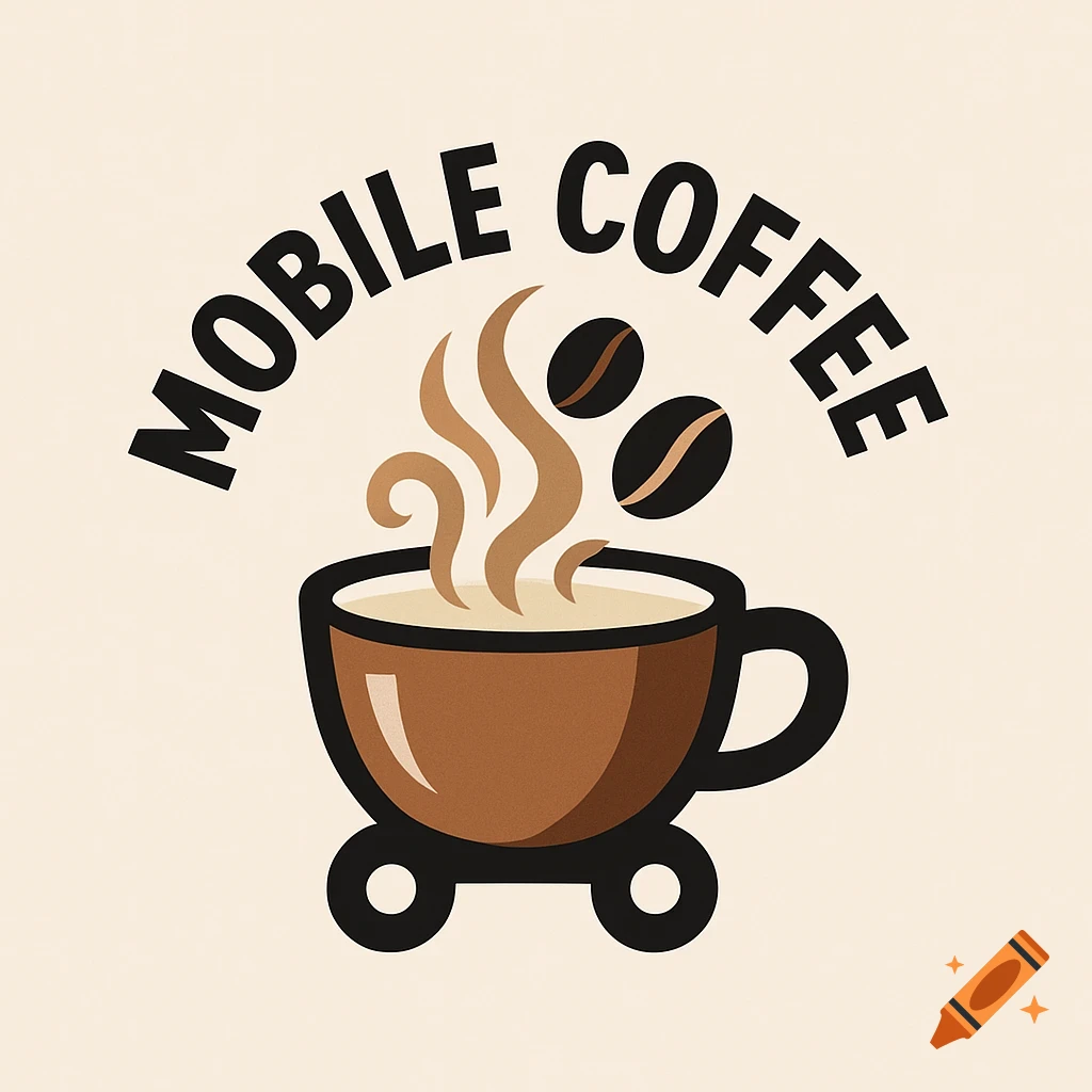 A modern logo featuring a brown coffee cup on wheels with steam and coffee beans, and the words 'MOBILE COFFEE' arced above it.