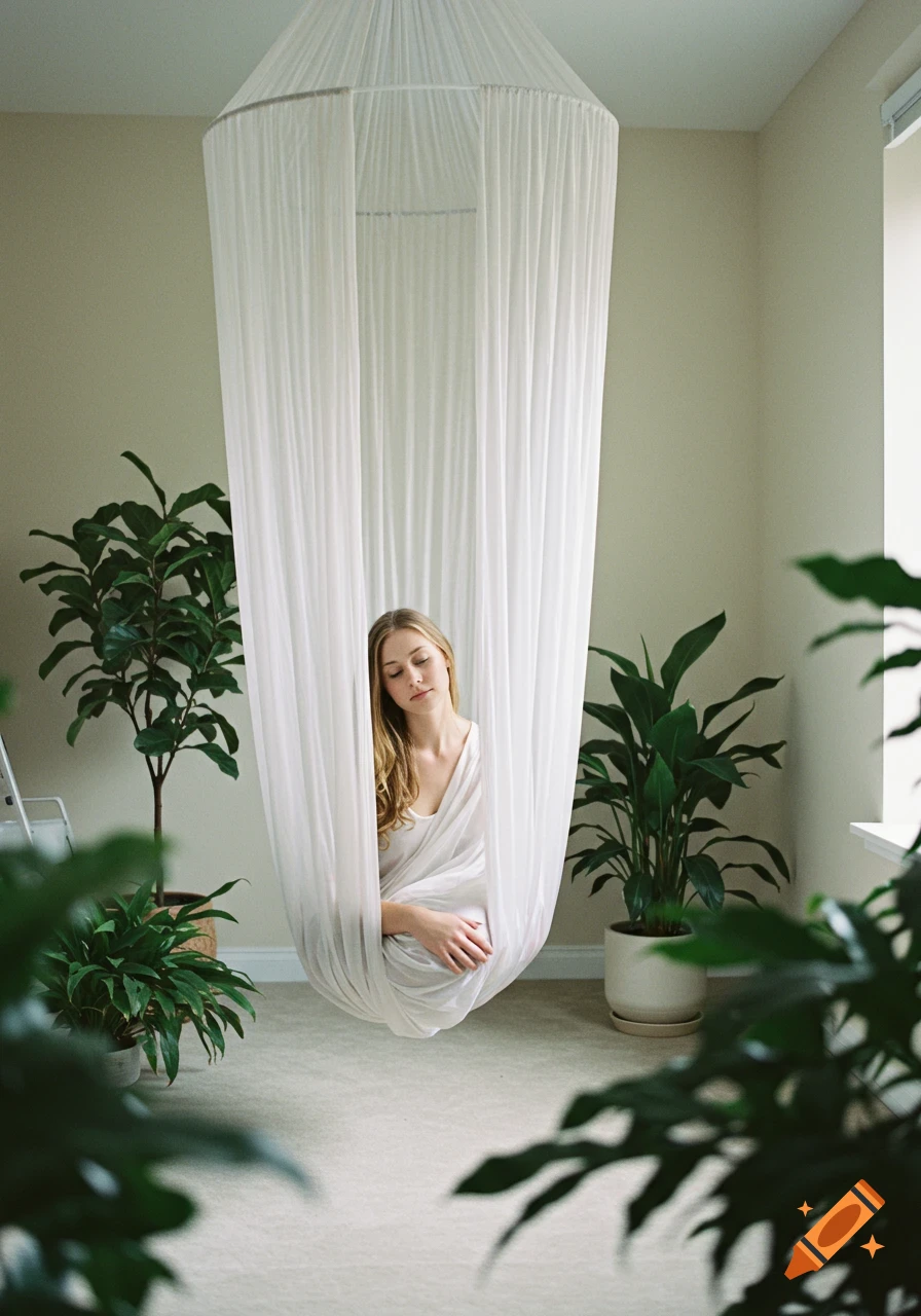 Young woman with closed eyes sits peacefully in a white fabric cocoon-like hammock, surrounded by potted green plants in a serene room.