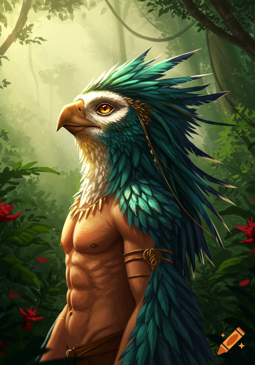 Digital painting of a muscular birdman with an eagle head, teal feathers, and gold jewelry in a lush jungle.