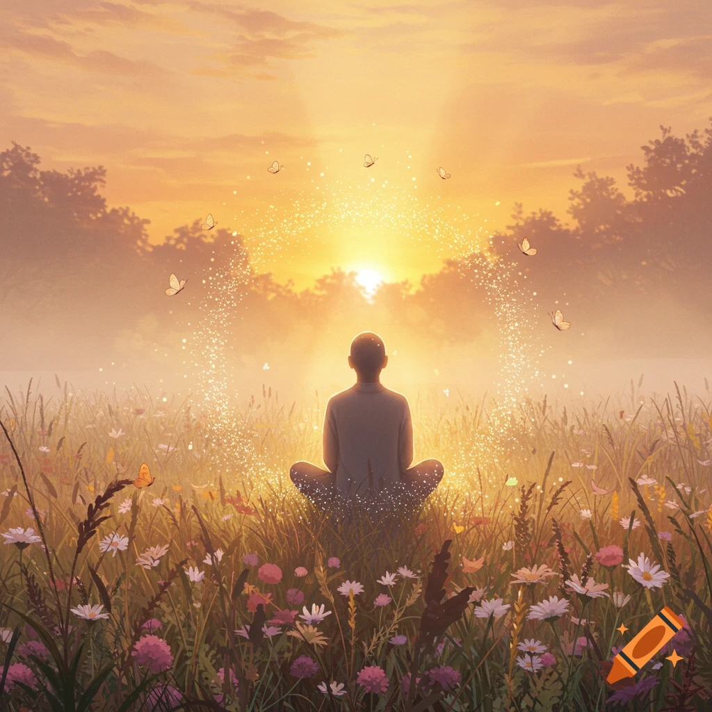 A person meditating in a field of wildflowers at sunset, with sparkling light and butterflies.