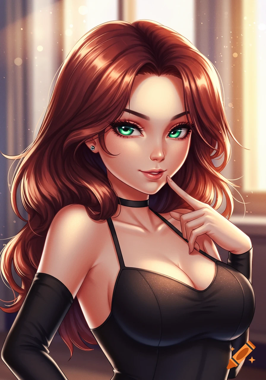 Anime woman with long auburn hair and sparkling emerald eyes, wearing a black dress and choker, finger touching her lip with a sassy expression.