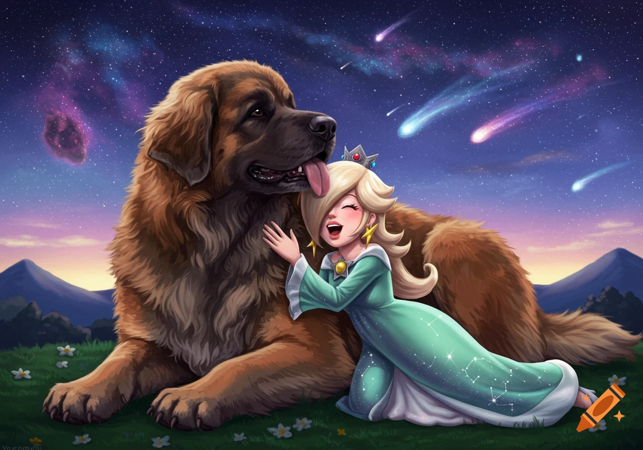 Rosalina from Mario kneels to hug a large brown Leonberger dog under a starry night sky, with shooting stars visible.