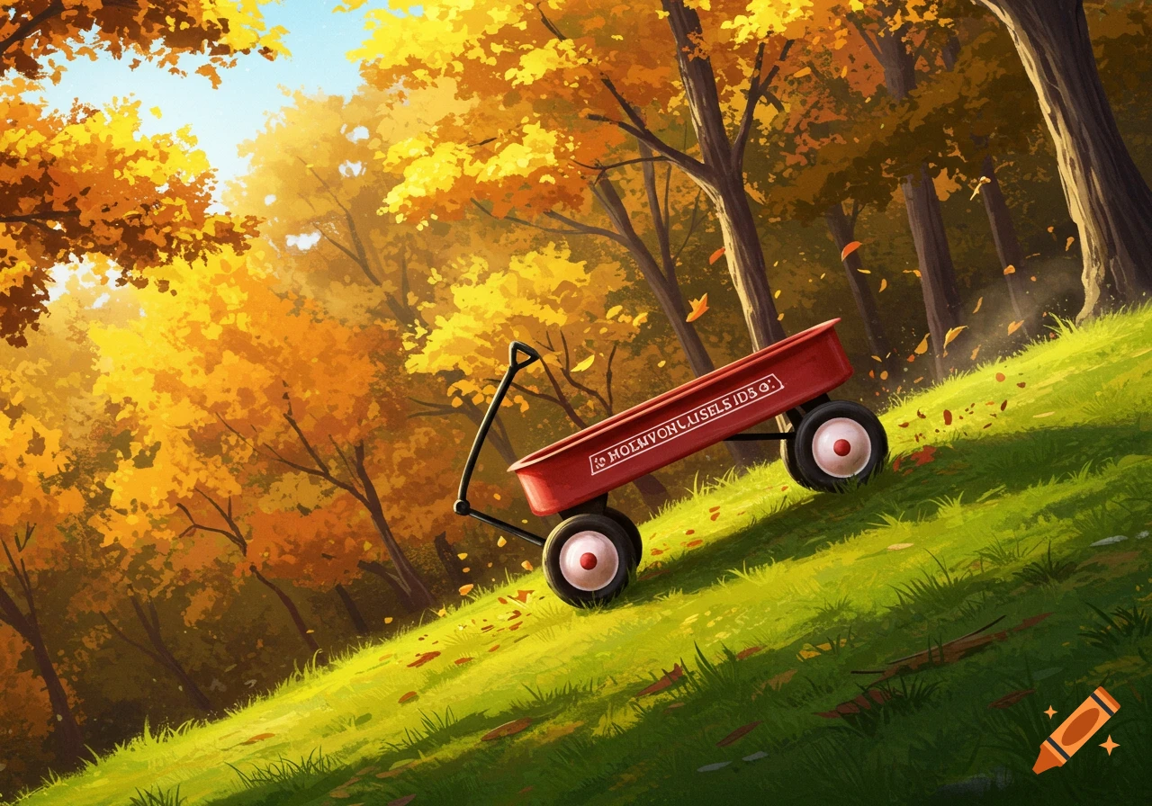 An illustrated red wagon rolling down a grassy hill, surrounded by trees with bright yellow and orange autumn leaves.