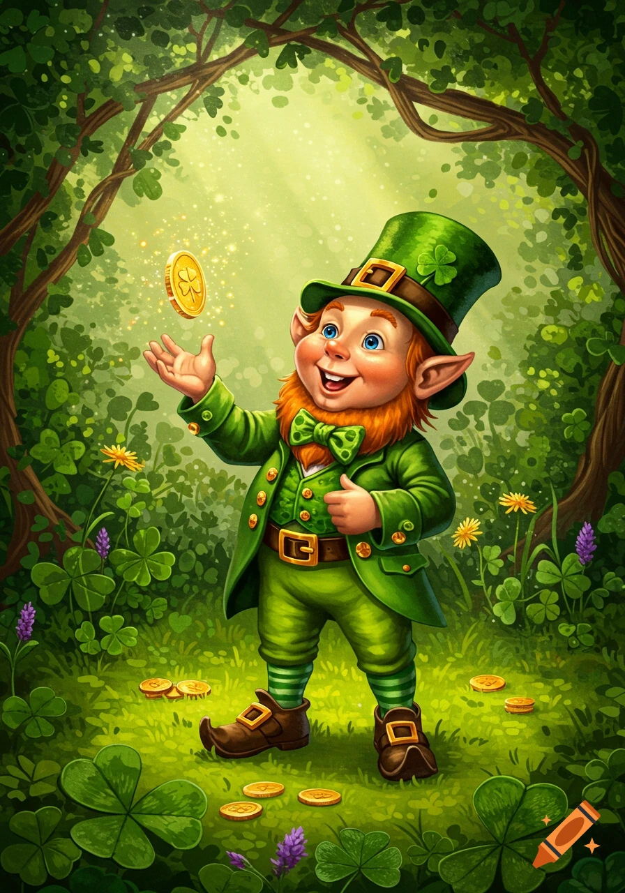 A cheerful leprechaun in a green suit and hat stands in a lush forest, smiling as he tosses a glowing gold coin with a shamrock symbol into the air. More coins are on the ground among clovers and flowers, in a vibrant, cartoonish illustration style.
