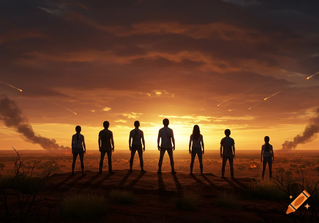 Seven silhouetted teenagers stand on a hill, backs to the camera, watching meteors fall and fires burn across an Australian outback sunset.