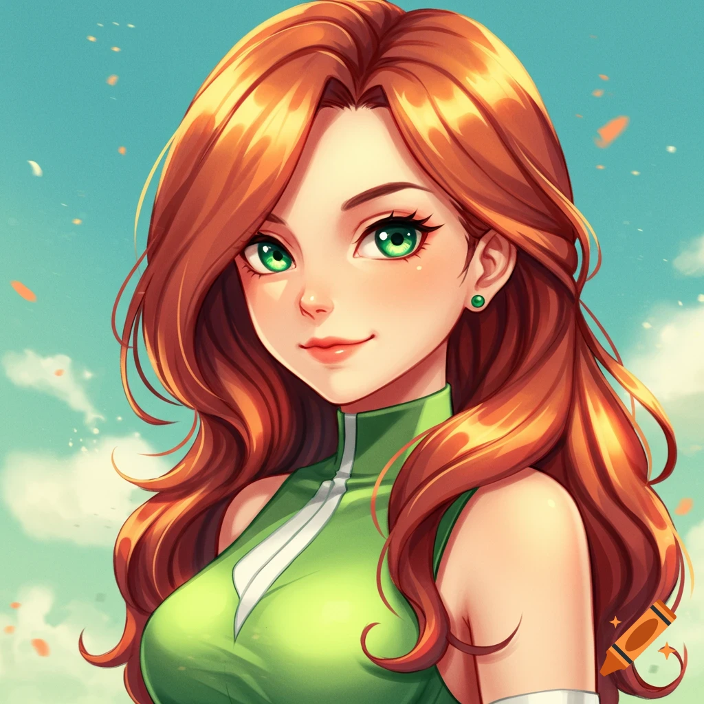 Anime portrait of a young woman with long auburn hair and green eyes, smiling in a green top against a blue sky.