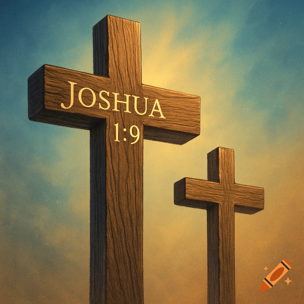 Two wooden crosses, one larger with 'JOSHUA 1:9' inscribed, against a dramatic, sunlit blue and orange sky.