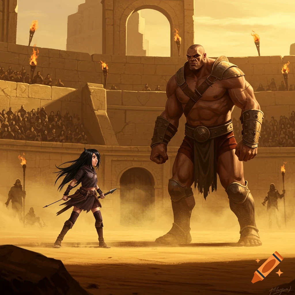 A small female warrior with a spear faces a towering muscular male gladiator in a dusty ancient arena with a cheering crowd.