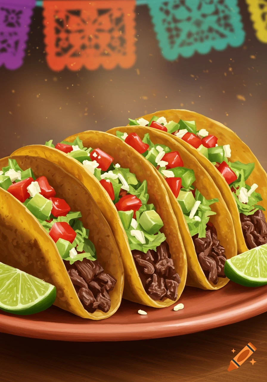 A plate of five delicious tacos topped with meat, lettuce, tomatoes, and cheese, served with lime wedges against a blurry background with colorful papel picado.