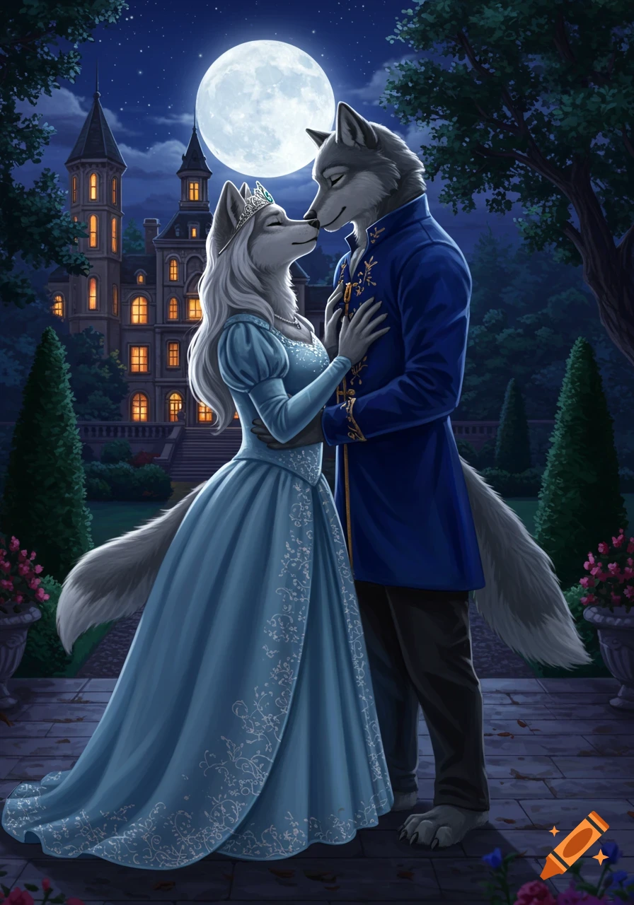 A male and female anthropomorphic gray wolves, dressed as prince and princess, nose-to-nose under a full moon in front of a castle at night.