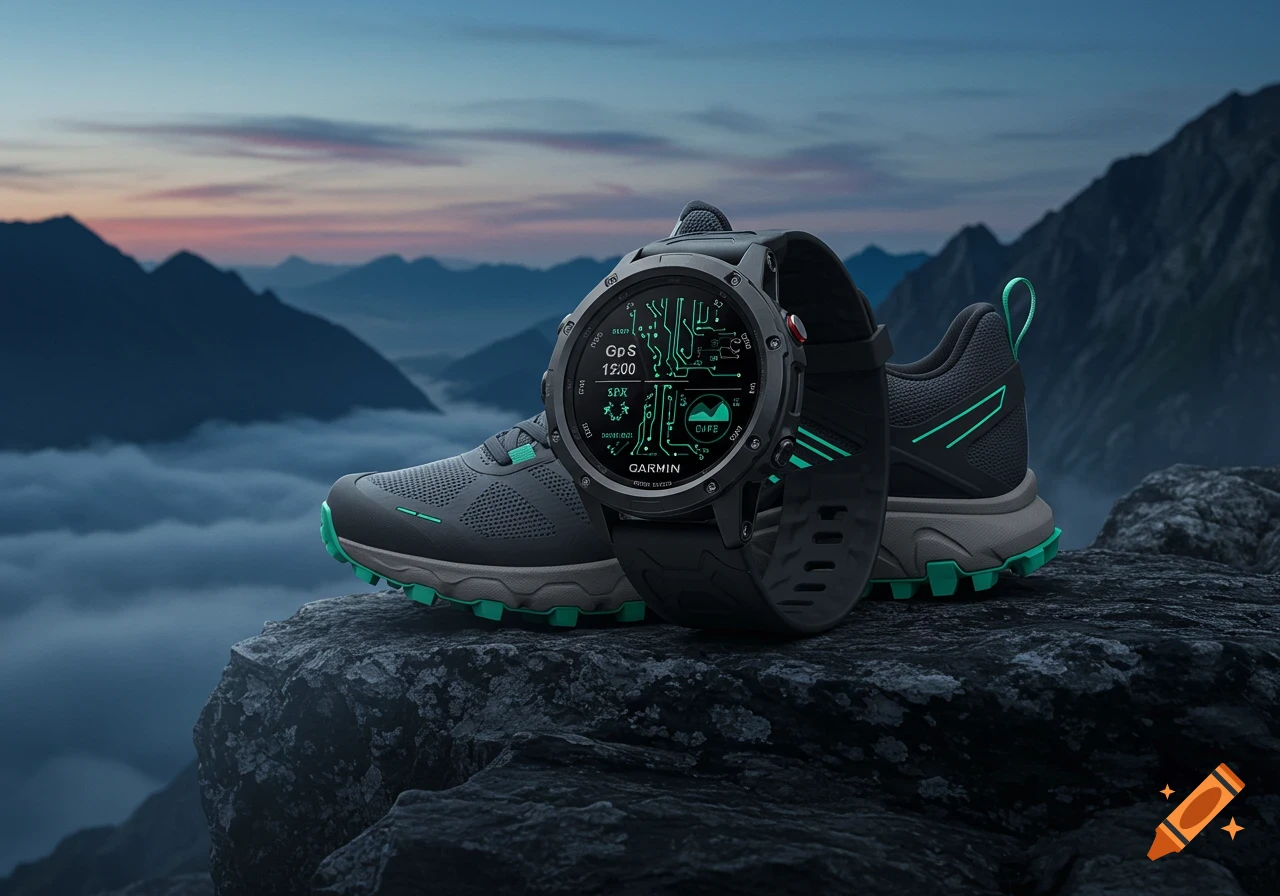 A black Garmin smartwatch and gray trail running shoe with green accents rest on a rock overlooking misty mountains at dusk.