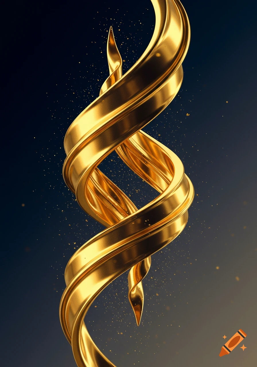 A glistening golden abstract double helix shape on a dark background with sparkling specks.