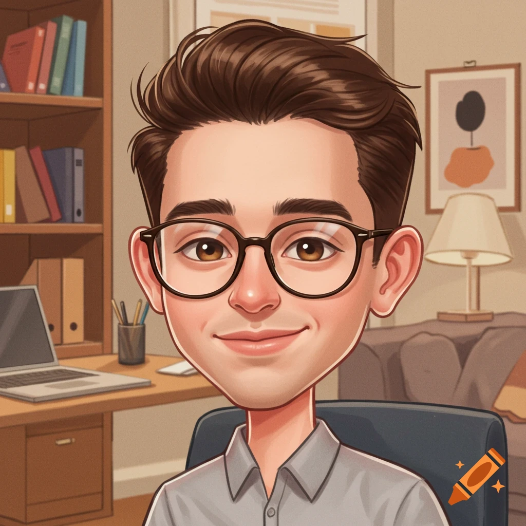 Cartoon caricature of a man with brown hair and glasses, smiling slightly, sitting in a home office with a bookshelf and laptop.