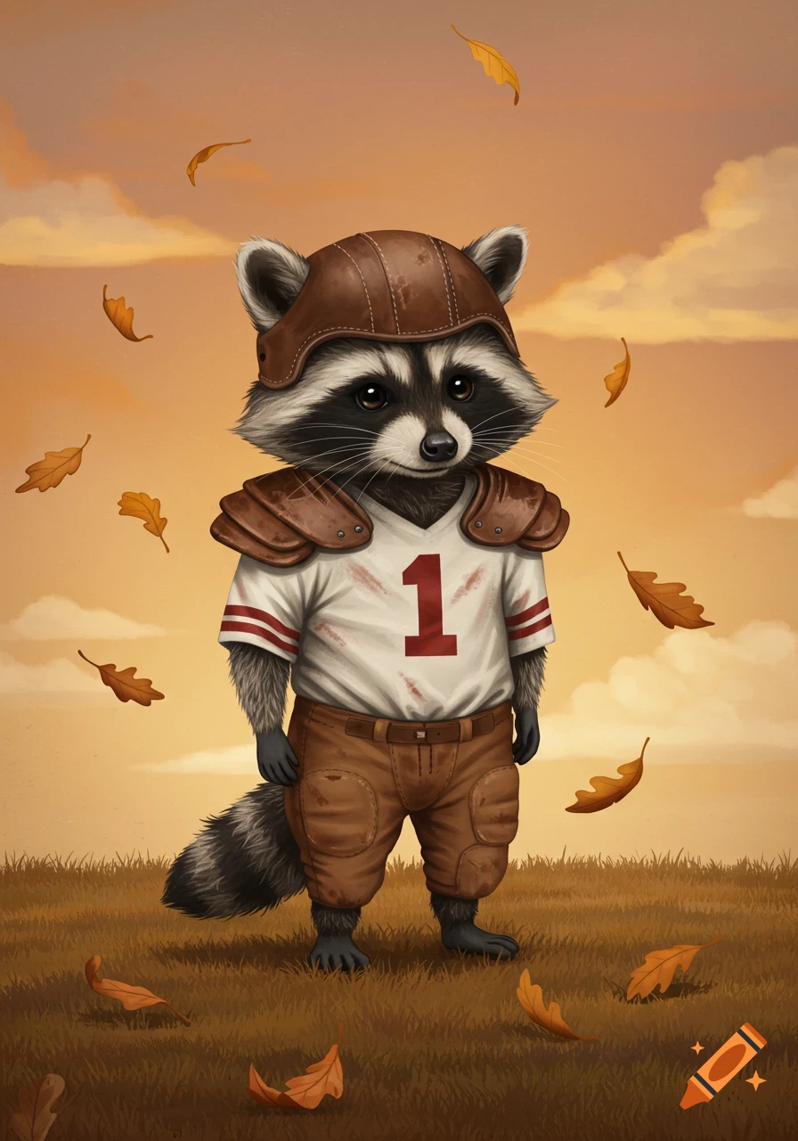 A cute raccoon in a vintage brown football helmet and pads, wearing a white jersey with a red '1', stands in a field with falling autumn leaves.