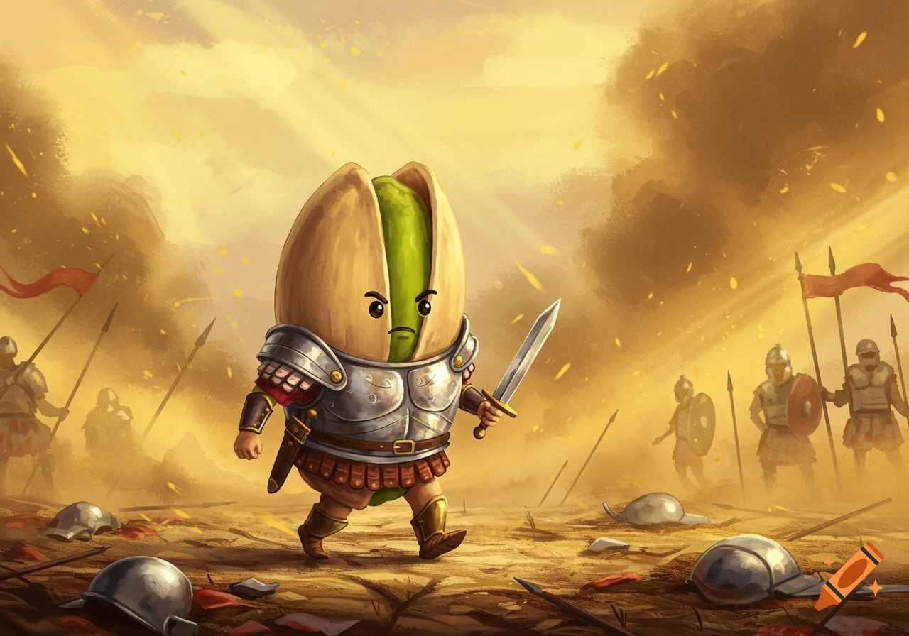 A cartoon pistachio warrior in silver armor with a sword marches through a dusty battlefield, other armored figures in the background.