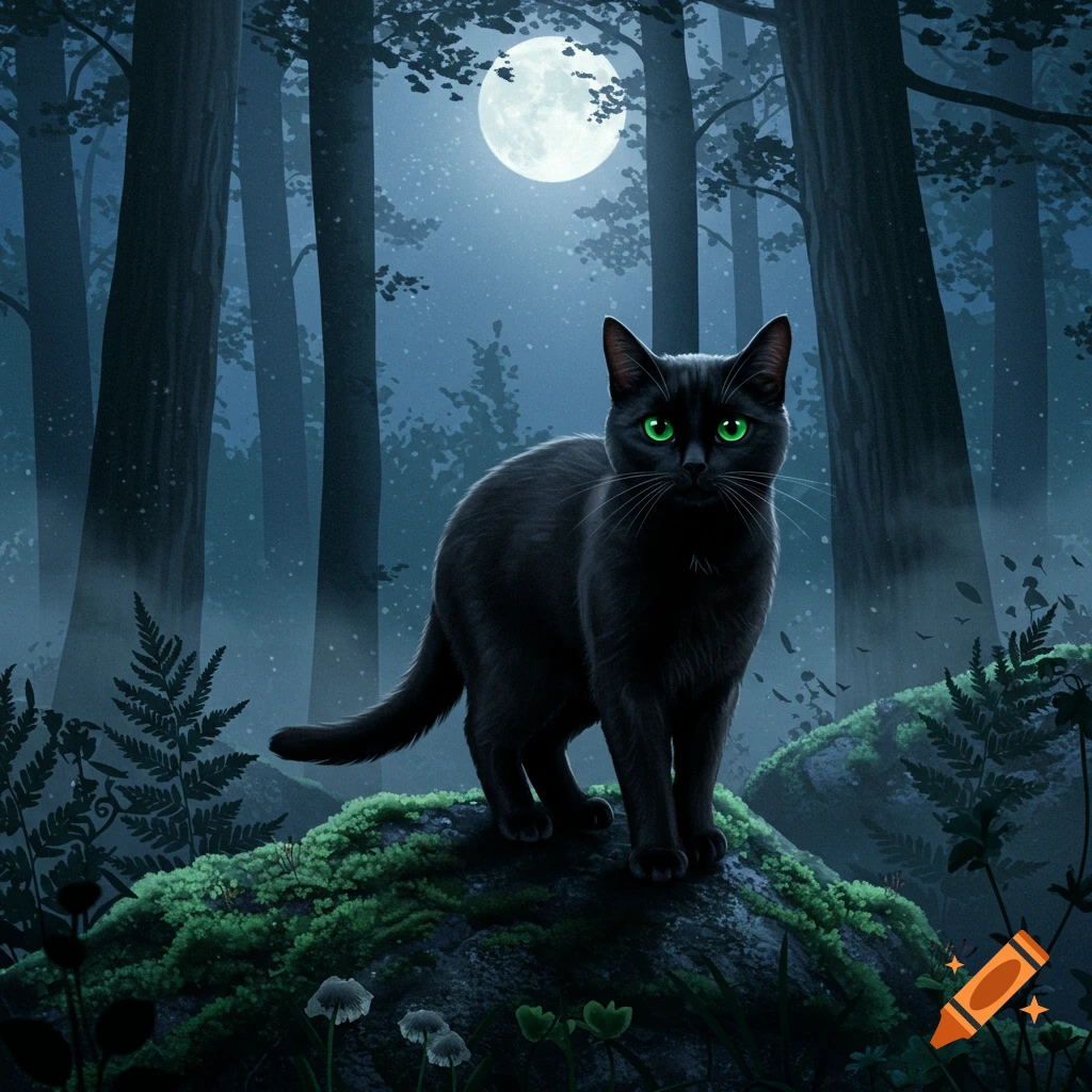 A black cat with glowing green eyes stands on a mossy rock in a dark, moonlit forest, stylized digital art.