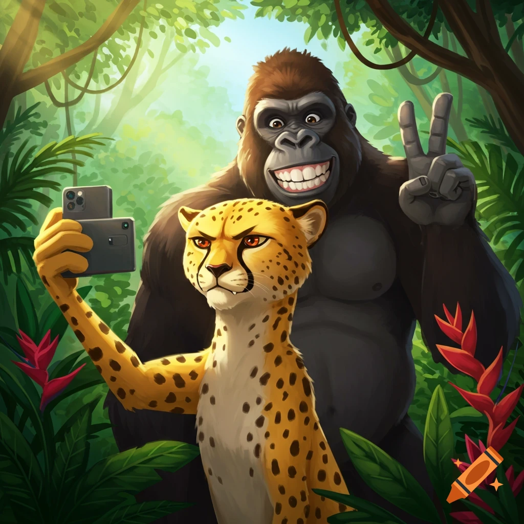 Cartoon cheetah taking a selfie with a smiling gorilla doing a peace sign in a lush jungle.