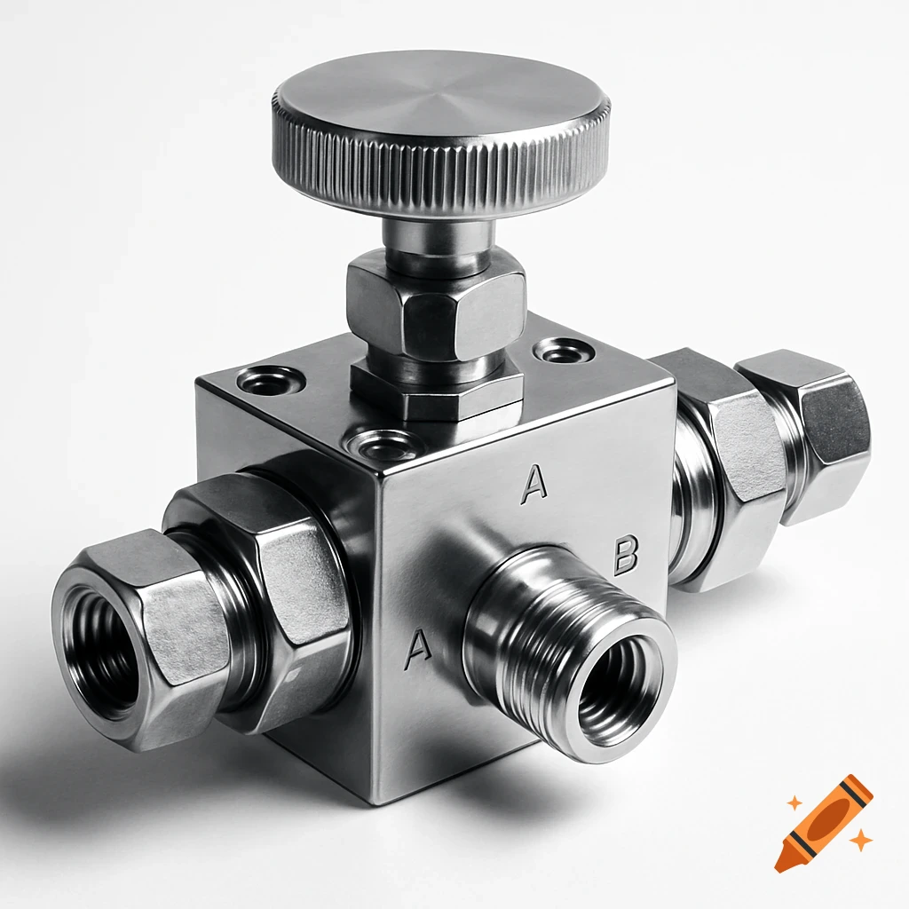 Photorealistic image of a shiny silver 2-way hydraulic valve with a knurled knob and threaded ports, against a white background.