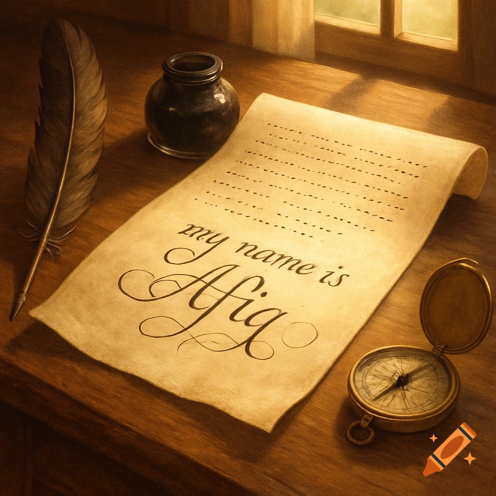 A vintage desk scene with a quill, inkwell, open compass, and a parchment scroll reading 'my name is Afiq'.