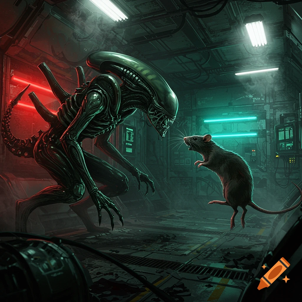 A terrifying Xenomorph crouches in a dark, neon-lit sci-fi corridor, facing off against a large rat.