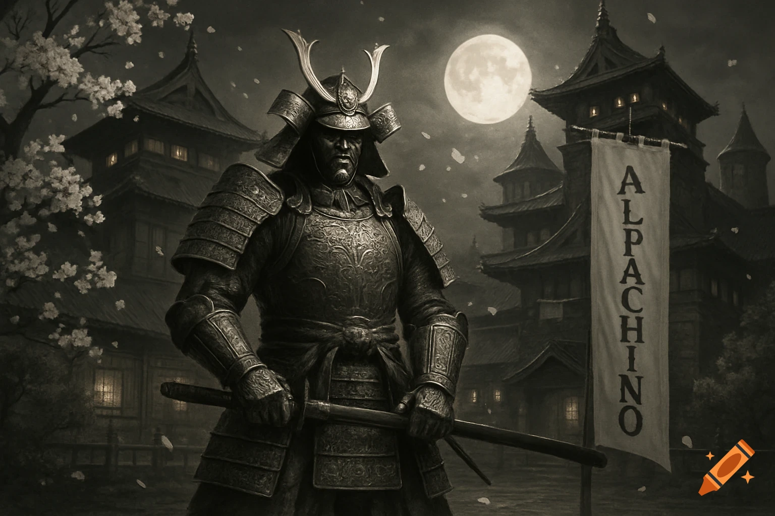 Armored samurai holding a katana at night in front of a Japanese castle under a full moon, with cherry blossoms and a banner reading 'ALPACHINO'.