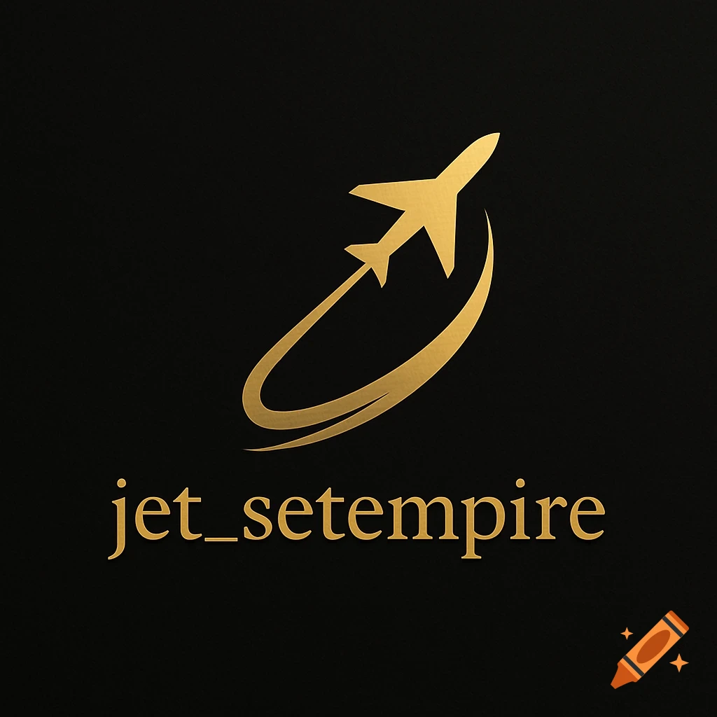 Sleek gold minimalist logo featuring an airplane ascending with an arc, and the text 'jet_setempire' on a black background.