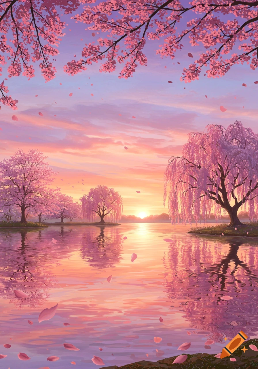 An anime-style landscape at sunset with pink cherry blossom trees reflecting in a calm lake, with petals falling.