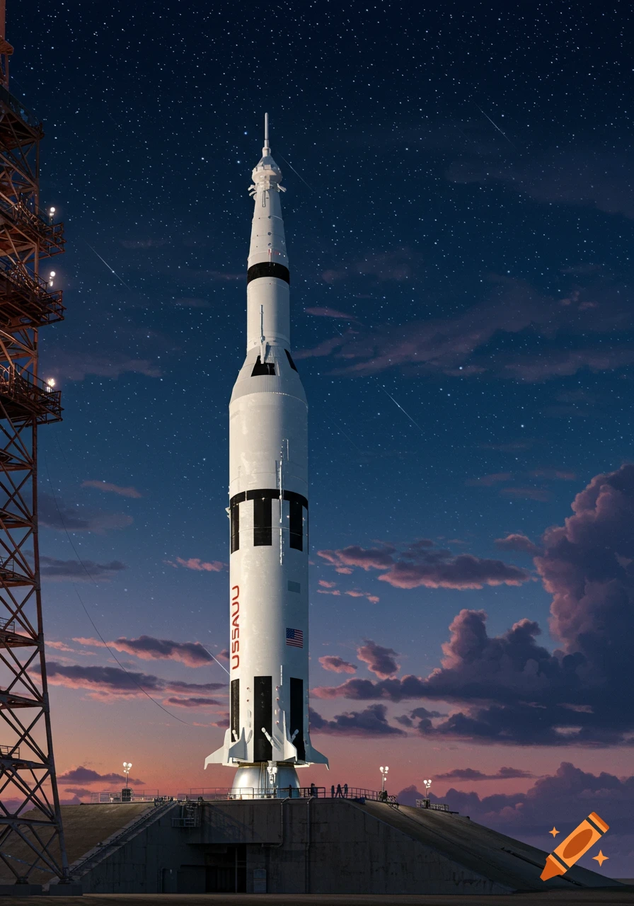 A large white multi-stage rocket stands on a launchpad under a twilight sky filled with stars and purple clouds.
