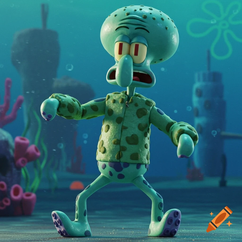 Squidward from SpongeBob SquarePants stands underwater wearing a green spotted suit, looking surprised.