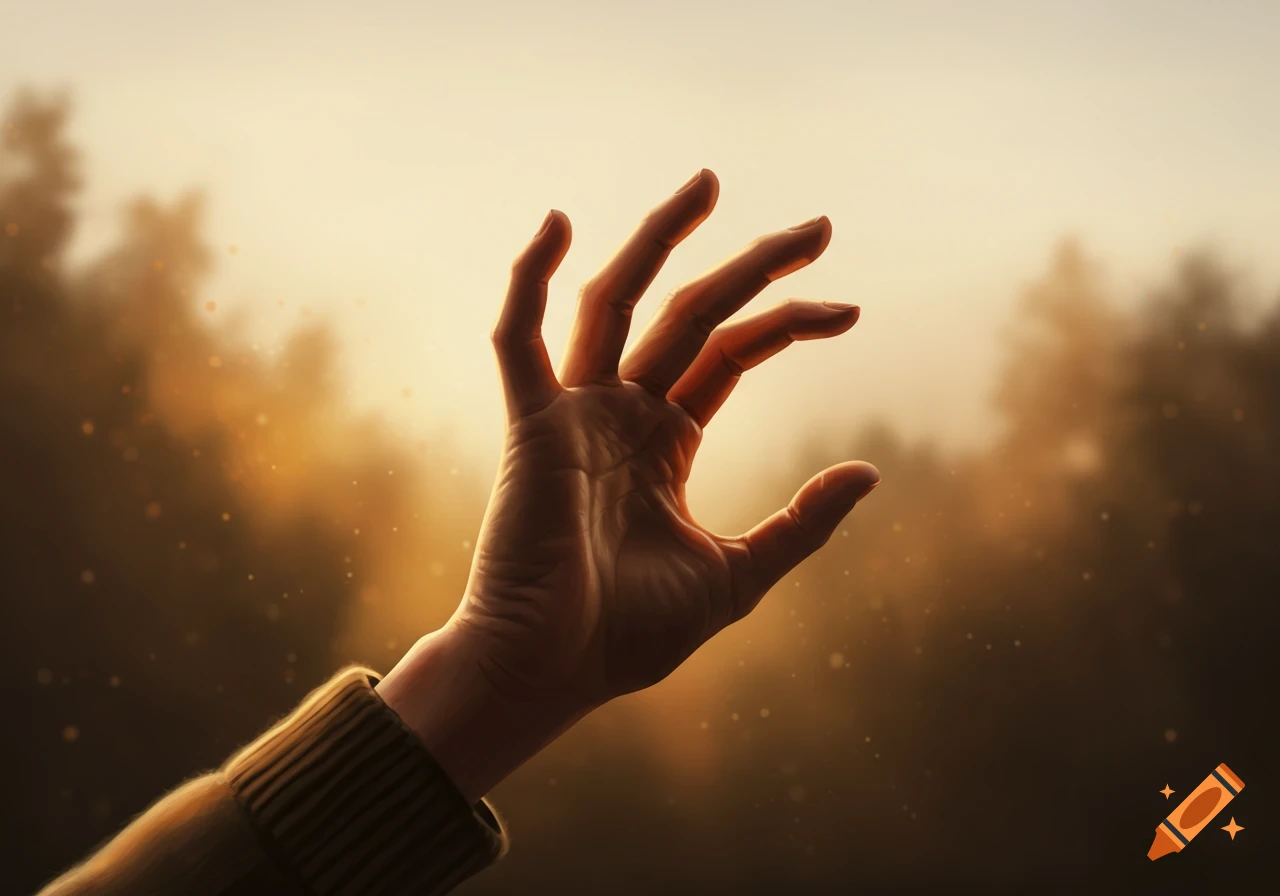 A human hand, bathed in warm golden light, reaching upwards against a blurred background of glowing trees.