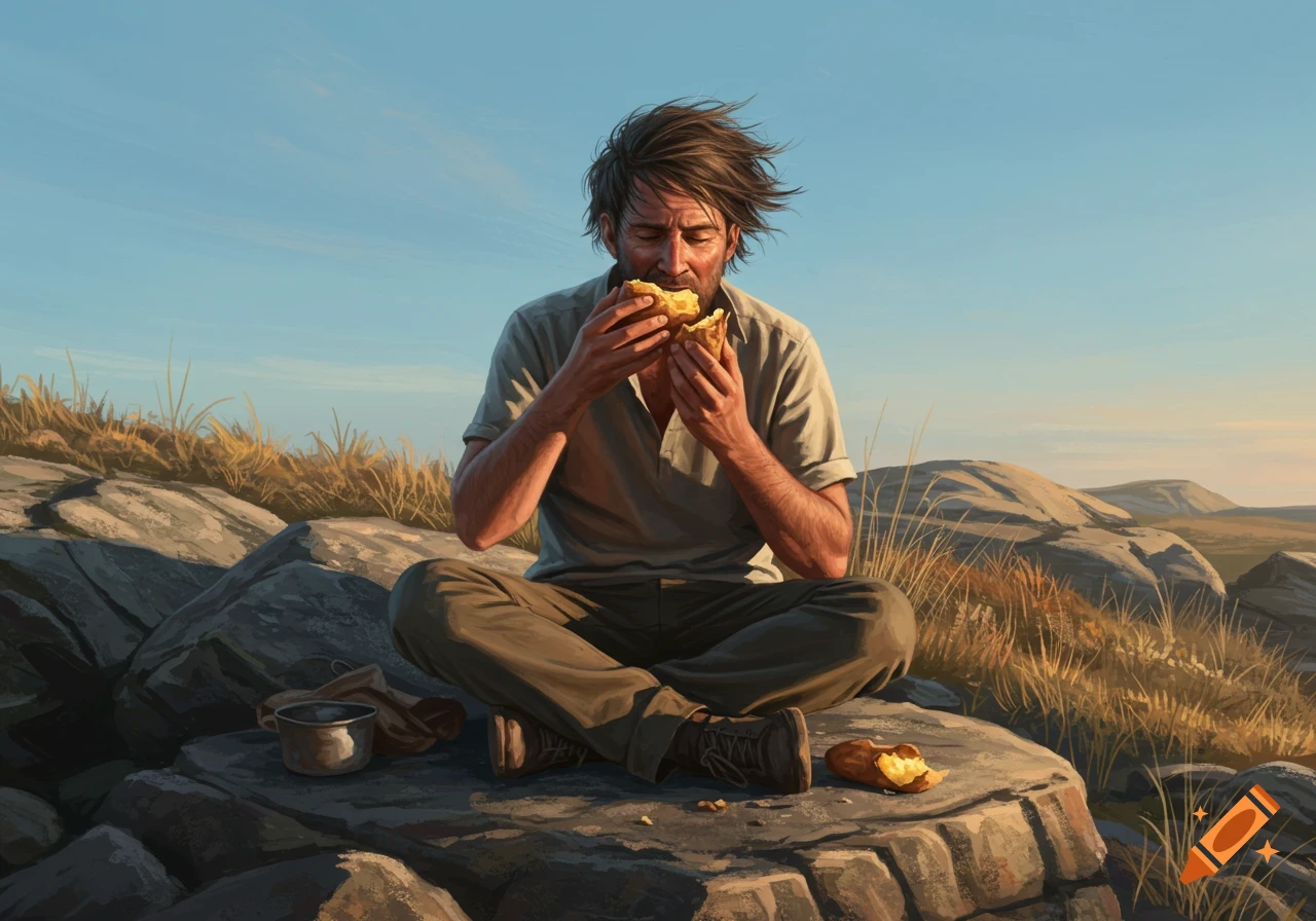 An illustrated man with windswept hair sits cross-legged on rocks in a sunny landscape, eating a baked potato.