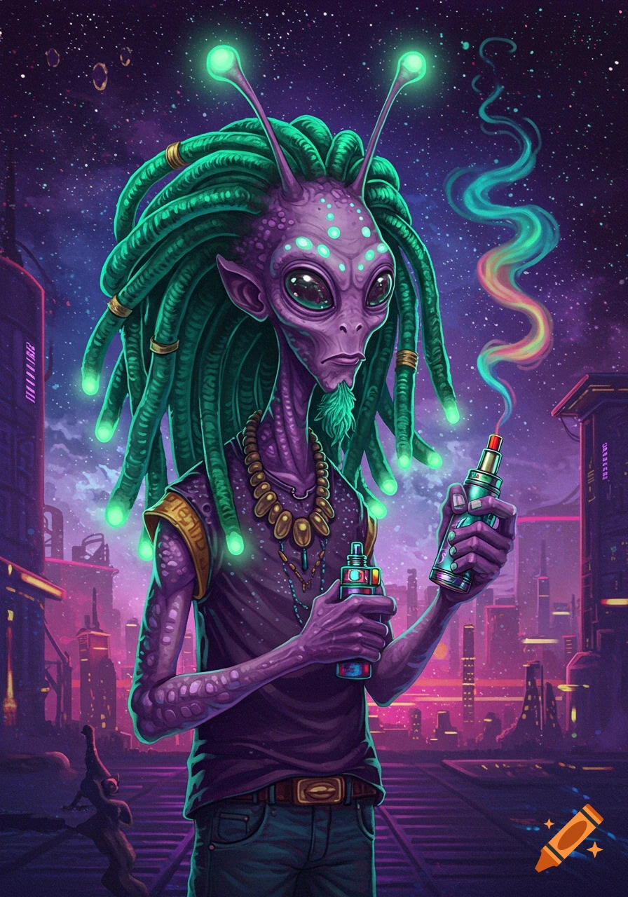A vibrant, purple alien with glowing green dreadlocks and antennae holds two vape devices, one smoking, in a futuristic city at night.