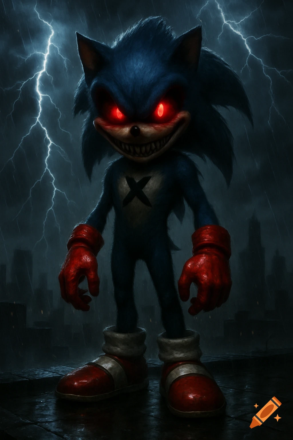 Gritty illustration of Sonic.exe with glowing red eyes, sharp teeth, red gloves, and a chest 'X', standing on a stormy rooftop at night.